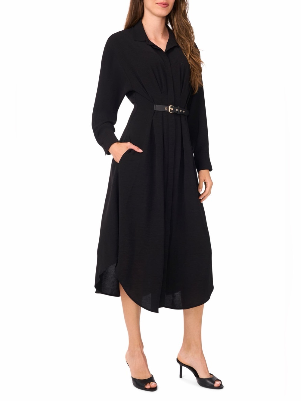 Halogen Pleated Belted Midi Shirt Dress Black Long Sleeve Size M NWOT